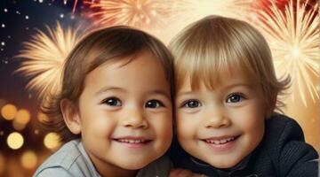 Smiling toddler boy and girl against new year's firework background with space for text, children background image, AI generated photo