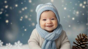 A Smiling newborn baby boy against winter ambience background with space for text, children background image, AI generated photo