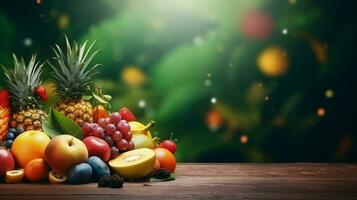 space for text on textured background surrounded by delicious tropical fruits, background image, AI generated photo
