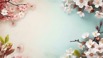 space for text on pastel background surrounded by spring trees and florals from top view, background image, AI generated photo