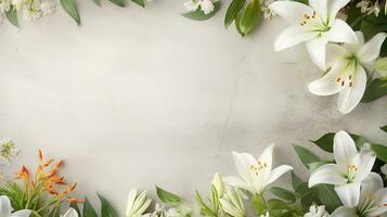 space for text on textured background surrounded by lily and jasmine flowers from top view, background image, AI generated photo