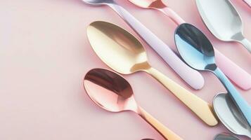 space for text on pastel background surrounded by spoons, background image, AI generated photo