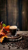 hot coffee and coffee beans in background with leaves, in the style of distressed and weathered surfaces, vertical format, background image, AI generated photo