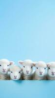 cute baby sheeps on a light blue background with space for text on the left side, vertical format, background image, AI generated photo