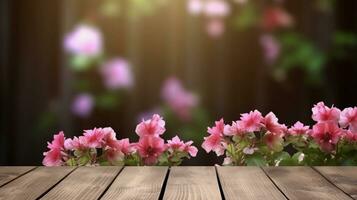space for text on wooden textured background surrounded by Geranium flowers from top view, background image, AI generated photo