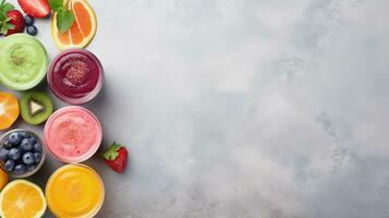 space for text on textured background surrounded by delicious smoothies from top view, background image, AI generated photo