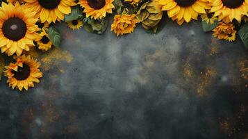 space for text on textured background surrounded by sunflowers, background image, AI generated photo