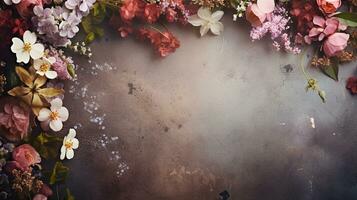 space for text on textured background surrounded by flowers, background image, AI generated photo