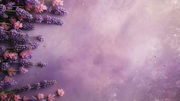 space for text on textured background surrounded by lavender flowers, background image, AI generated photo