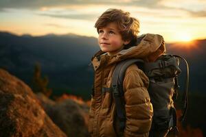 adorable pequeño chico con mochila excursionismo en montañas a puesta de sol. viaje y activo estilo de vida concepto ai generado foto