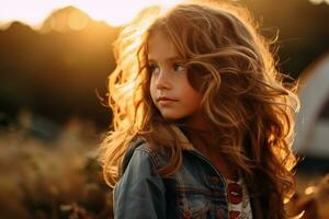 Portrait of cute little girl at camera while standing near camping tent at sunset AI generated photo