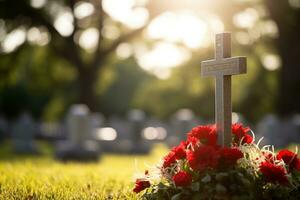 rojo rosas en un tumba a un cementerio durante el puesta de sol con Copiar espacio ai generado foto