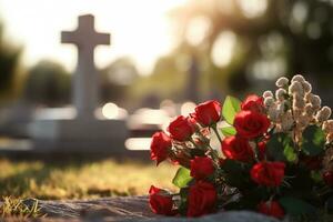 Red roses on a grave at a cemetery during the sunset with copy space AI generated photo