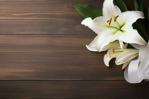 White lily flowers on wooden background. Top view with copy space.Funeral Concept AI generated photo