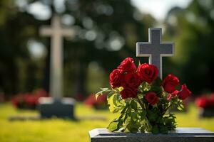 rojo rosas en un tumba a un cementerio durante el puesta de sol con Copiar espacio ai generado foto