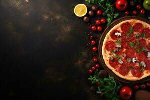 Pepperoni pizza on a Dark background. Top view with copy space. AI generated photo