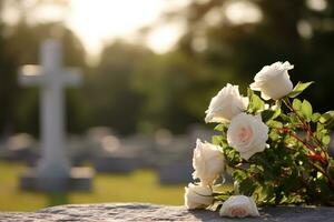 white flowers in front of a gravestone at a cemetery with sunset.Funeral Concept AI generated photo