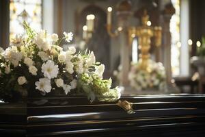 closeup shot of a casket in a hearse or chapel before funeral or burial at cemetery AI generated photo