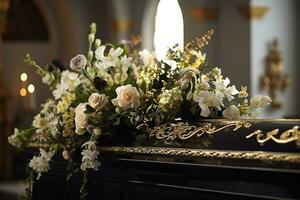 de cerca Disparo de un ataúd en un coche fúnebre o capilla antes de funeral o entierro a cementerio ai generado foto