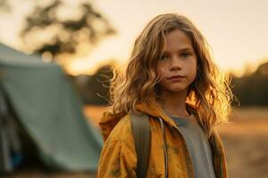 Portrait of cute little girl at camera while standing near camping tent at sunset AI generated photo