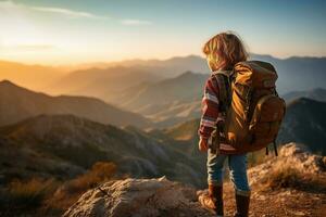 pequeño niña con mochila excursionismo en montaña pico a atardecer, viaje y aventuras concepto ai generado foto