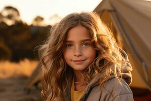 retrato de linda pequeño niña a cámara mientras en pie cerca cámping tienda a puesta de sol ai generado foto