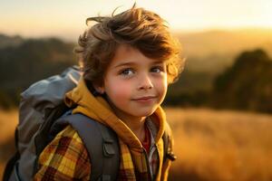 Portrait of a cute boy looking at camera while near his tent in nature AI generated photo