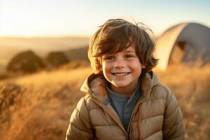 Portrait of a cute boy looking at camera while near his tent in nature AI generated photo