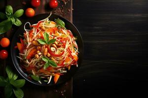 Thai food Som tum, Spicy green papaya salad.Top view AI generated photo