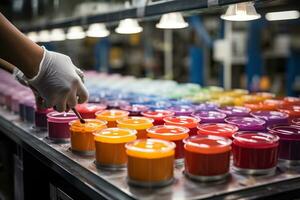 Factory for the production of paints. Jars of paint of different colors on a conveyor belt. Generated by artificial intelligence photo