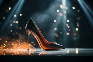 Beautiful elegant shiny women's high-heeled shoes standing on a mirrored podium in the rays of spotlights. Fashion show. Festive women's shoes. Generated by artificial intelligence photo