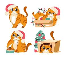 Cute playful Christmas cat. A cat in a festive costume and a Christmas tree. artoon flat vector illustration.