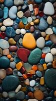 Carpet background surrounded by various colorful decorative stones from top view, background image, vertical format, generative AI photo