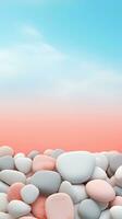 a pastel background surrounded by beautiful pebbles decoration, vertical format, background image, generative AI photo