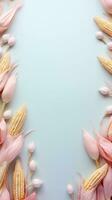 a pastel background surrounded by corns, vertical format, background image, generative AI photo
