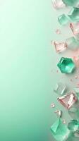a pastel background surrounded by beautiful emeralds, vertical format, background image, generative AI photo