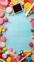 Textured background surrounded by sweets and candies from top view, background image, vertical format, generative A photo