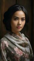 hermosa indonesio hembra retrato, antecedentes imagen, vertical formato, generativo ai foto