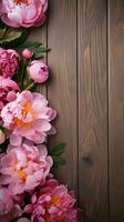 Wooden background surrounded by Peony flowers from top view, background image, vertical format, generative AI photo