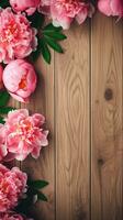 Wooden background surrounded by Peony flowers from top view, background image, vertical format, generative AI photo