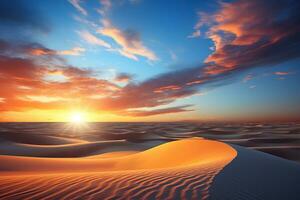 Sunset, dawn over sand dunes in the desert. Beautiful view of the desert. Generated by artificial intelligence photo