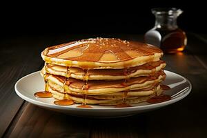 A stack of pancakes with maple syrup on a wooden tabletop. Desserts, breakfasts. Generated by artificial intelligence photo