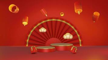3D red background with chinese new year minimalist podium, suitable for product promotion video