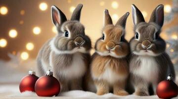 Cute baby bunnies posing against christmas ambience background with space for text, background image, AI generated photo