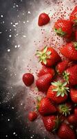 Textured background surrounded by fresh strawberry, background image, vertical format, generative AI photo