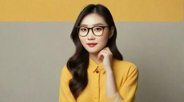 Beautiful chinese female wearing glasses against yellow background with space for text, background image, AI generated photo