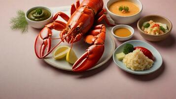 Lobster dishes served with a variety of international sauces and sides against a pastel background with space for text, background image, AI generated photo