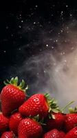 Textured background surrounded by fresh strawberry, background image, vertical format, generative AI photo