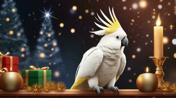 A cute cockatoo playing against New Year's eve ambience background with space for text, background image, AI generated photo