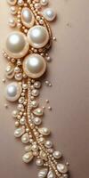 Textured background surrounded by beautiful pearls, vertical image, background image, generative AI photo
